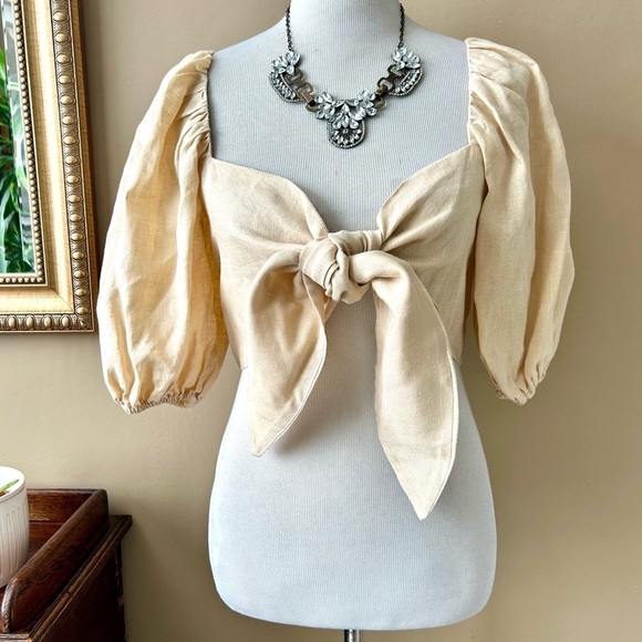 Faithfull the Brand Idrissy Cropped Top Tie Front Puff Sleeve Tan Linen Size S - Picture 2 of 14
